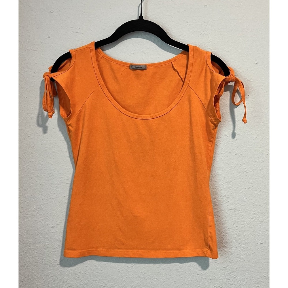 Vintage Y2K Women's T-Shirt Top Bright Orange Tie Sleeve Scoop Neck Stretchy XS?